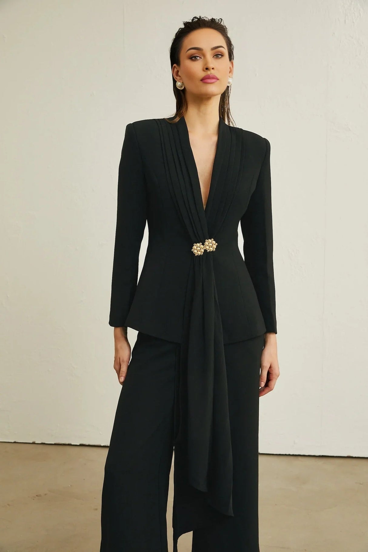 Barbara Jacket & Trousers - V Neck Pleated Ribbon Design Wide Legs Zip Front