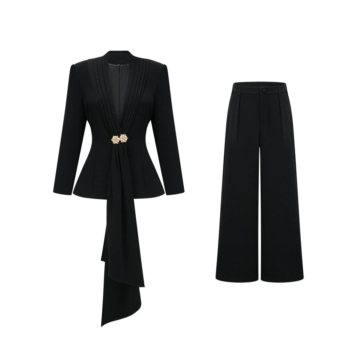 Barbara Jacket & Trousers - V Neck Pleated Ribbon Design Wide Legs Zip Front