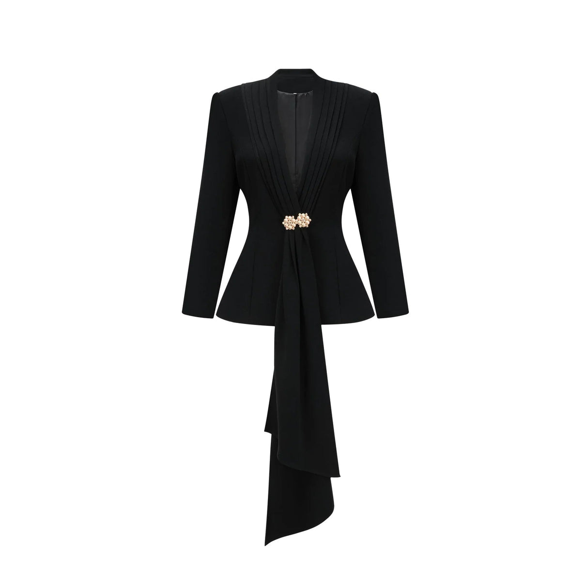 Barbara Jacket & Trousers - V Neck Pleated Ribbon Design Wide Legs Zip Front