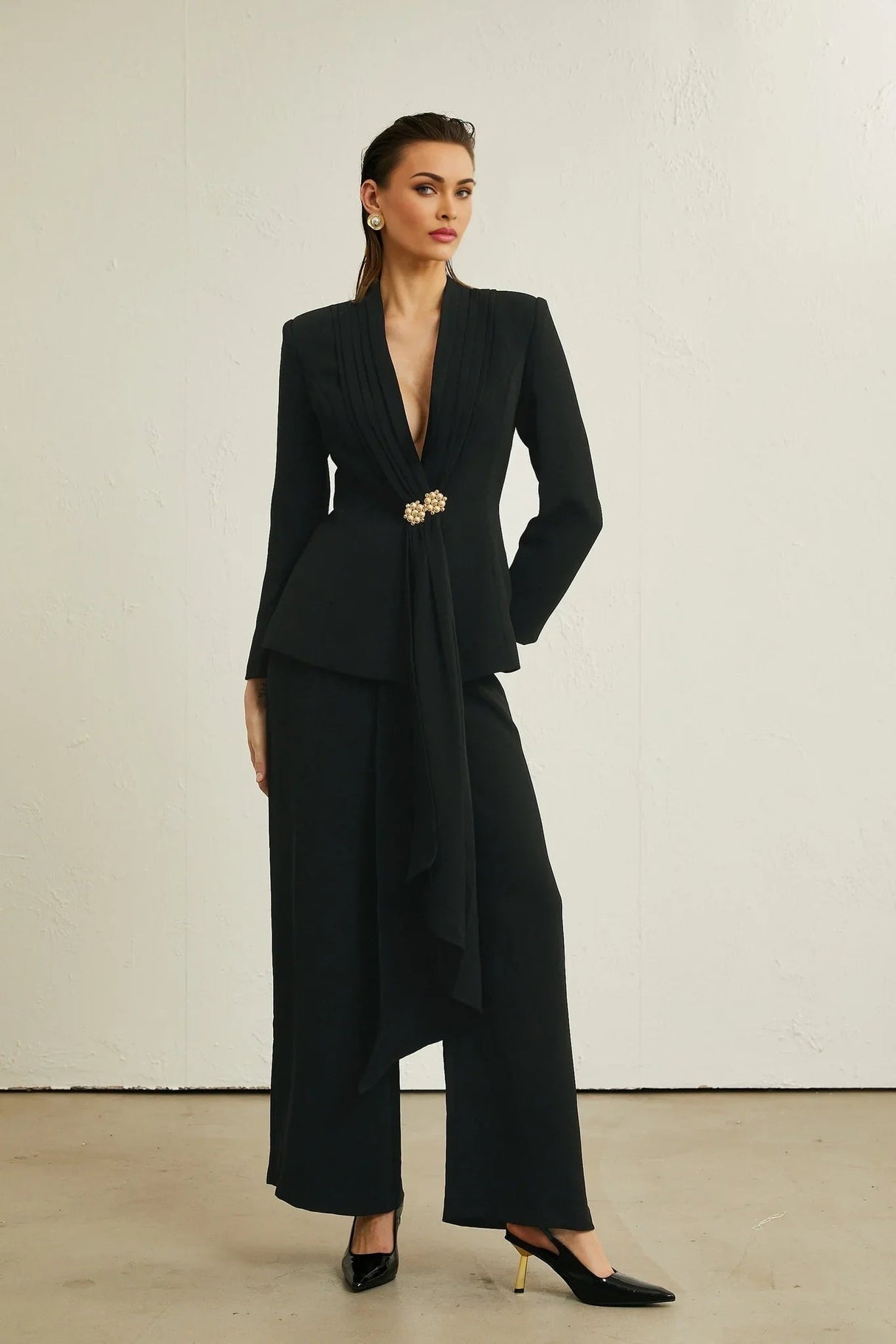 Barbara Jacket & Trousers - V Neck Pleated Ribbon Design Wide Legs Zip Front