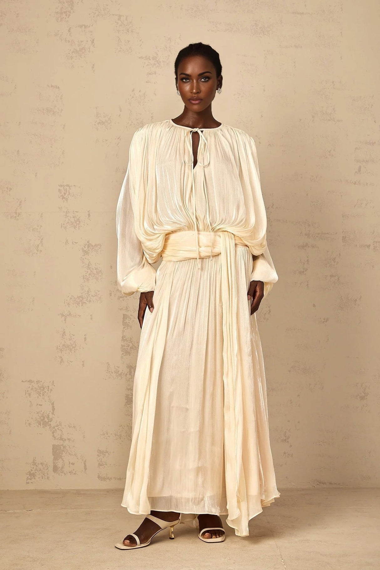 Barbara Maxi Dress Pleated Ruffle & Glitter Feminine Neutral