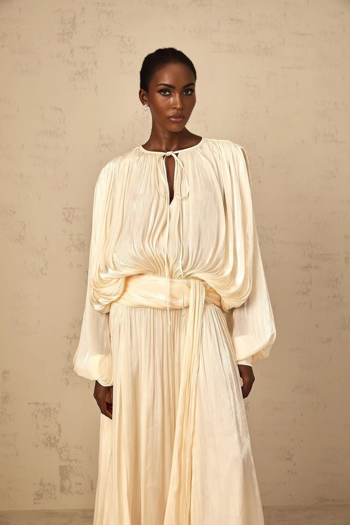 Barbara Maxi Dress Pleated Ruffle & Glitter Feminine Neutral