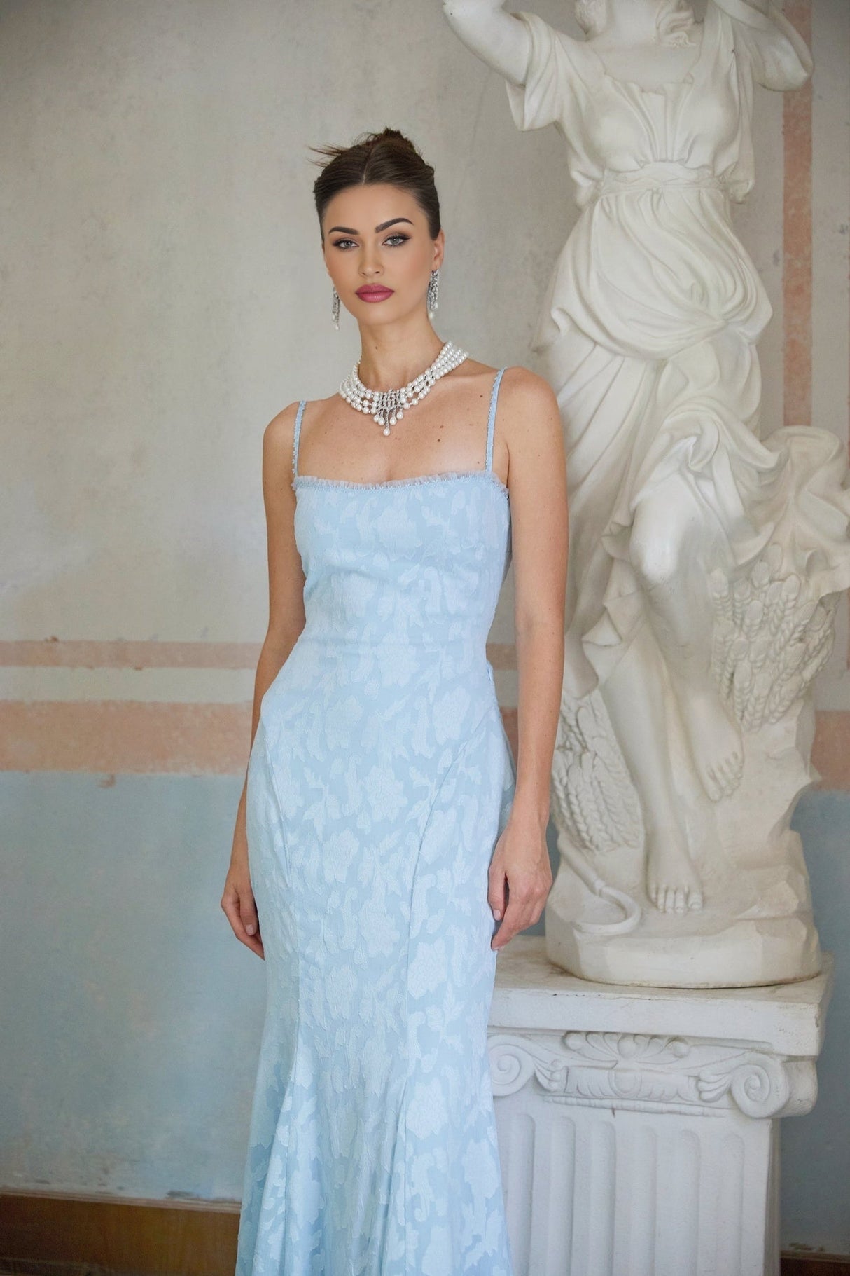 Barbara Maxi Dress - Sleeveless with Spaghetti Straps - Lace Trim & Floral Jacquard Design - Side Zip & Rear Lace - Up Fastening