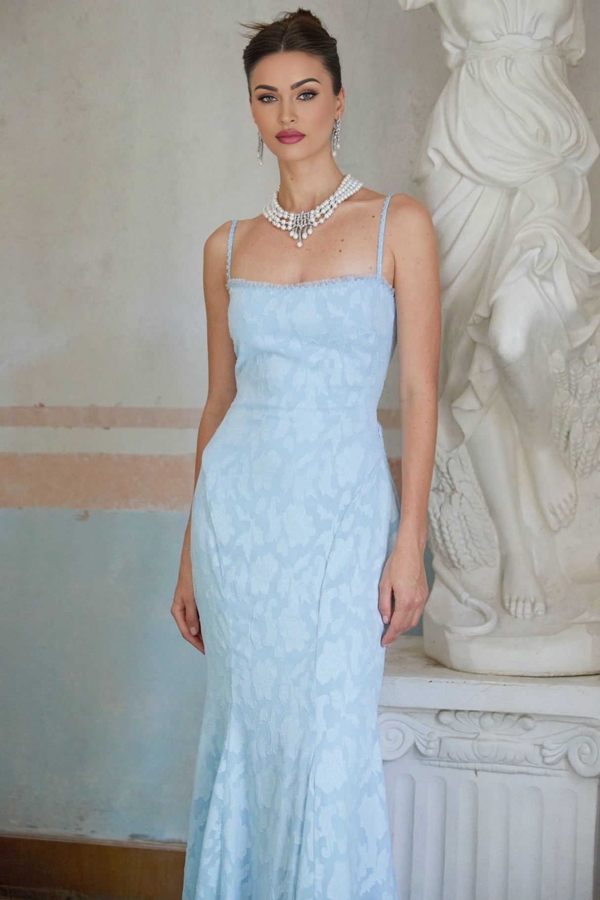 Barbara Maxi Dress - Sleeveless with Spaghetti Straps - Lace Trim & Floral Jacquard Design - Side Zip & Rear Lace - Up Fastening