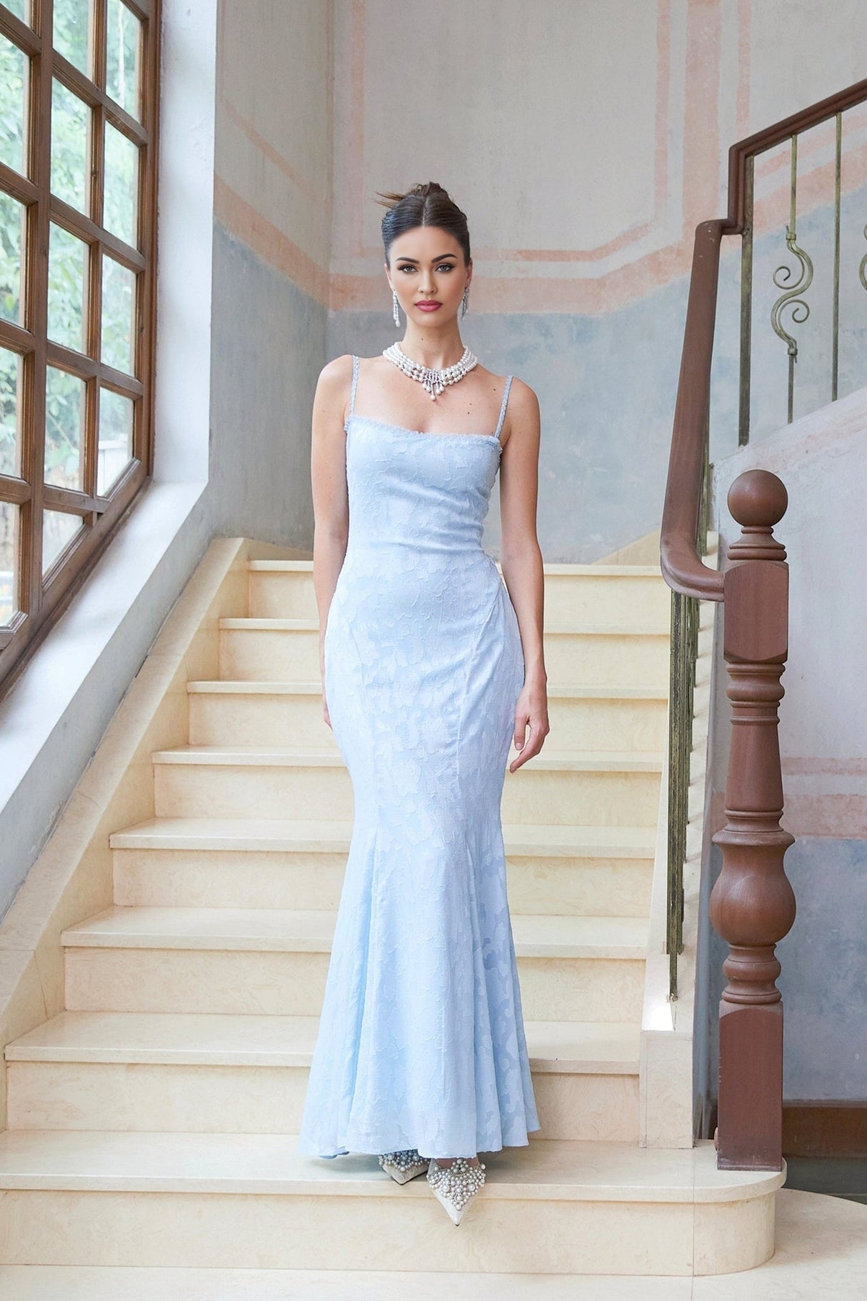 Barbara Maxi Dress - Sleeveless with Spaghetti Straps - Lace Trim & Floral Jacquard Design - Side Zip & Rear Lace - Up Fastening