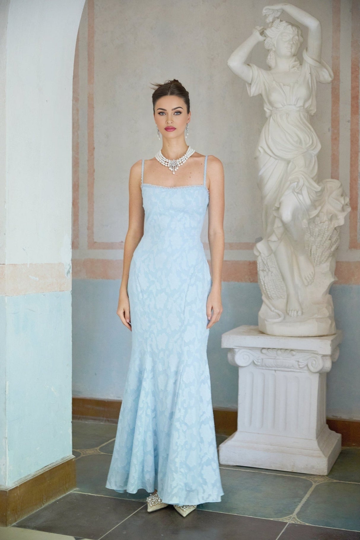 Barbara Maxi Dress - Sleeveless with Spaghetti Straps - Lace Trim & Floral Jacquard Design - Side Zip & Rear Lace - Up Fastening