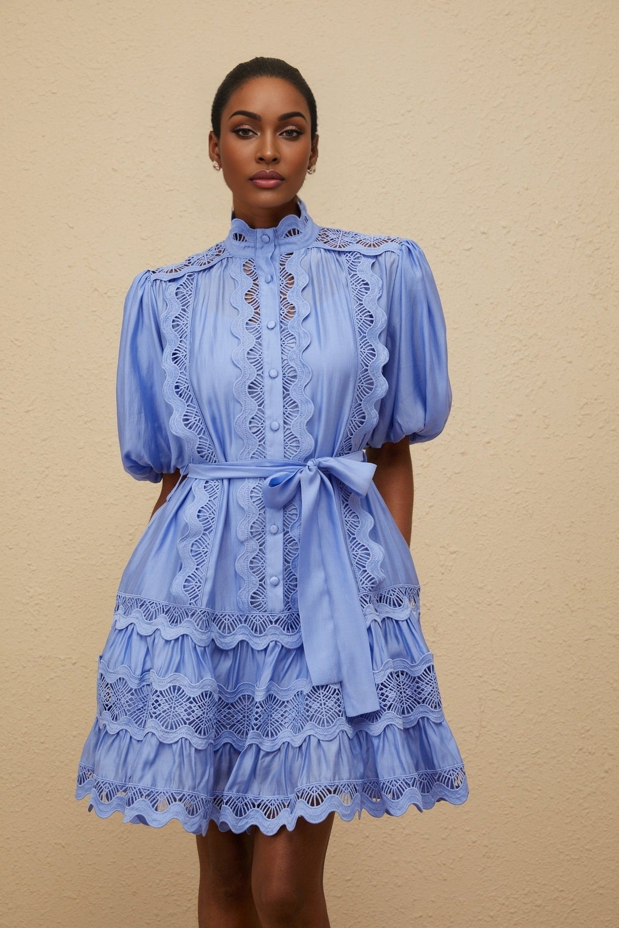 Barbara Mini Dress - Short Puff Sleeves - Cut - Out Detailing - Tied Waist - Tiered Design - Embroidered Motif