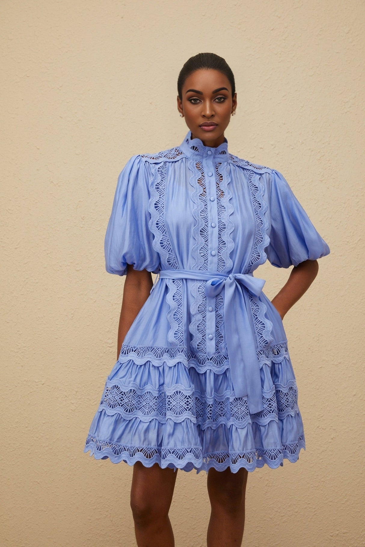 Barbara Mini Dress - Short Puff Sleeves - Cut - Out Detailing - Tied Waist - Tiered Design - Embroidered Motif