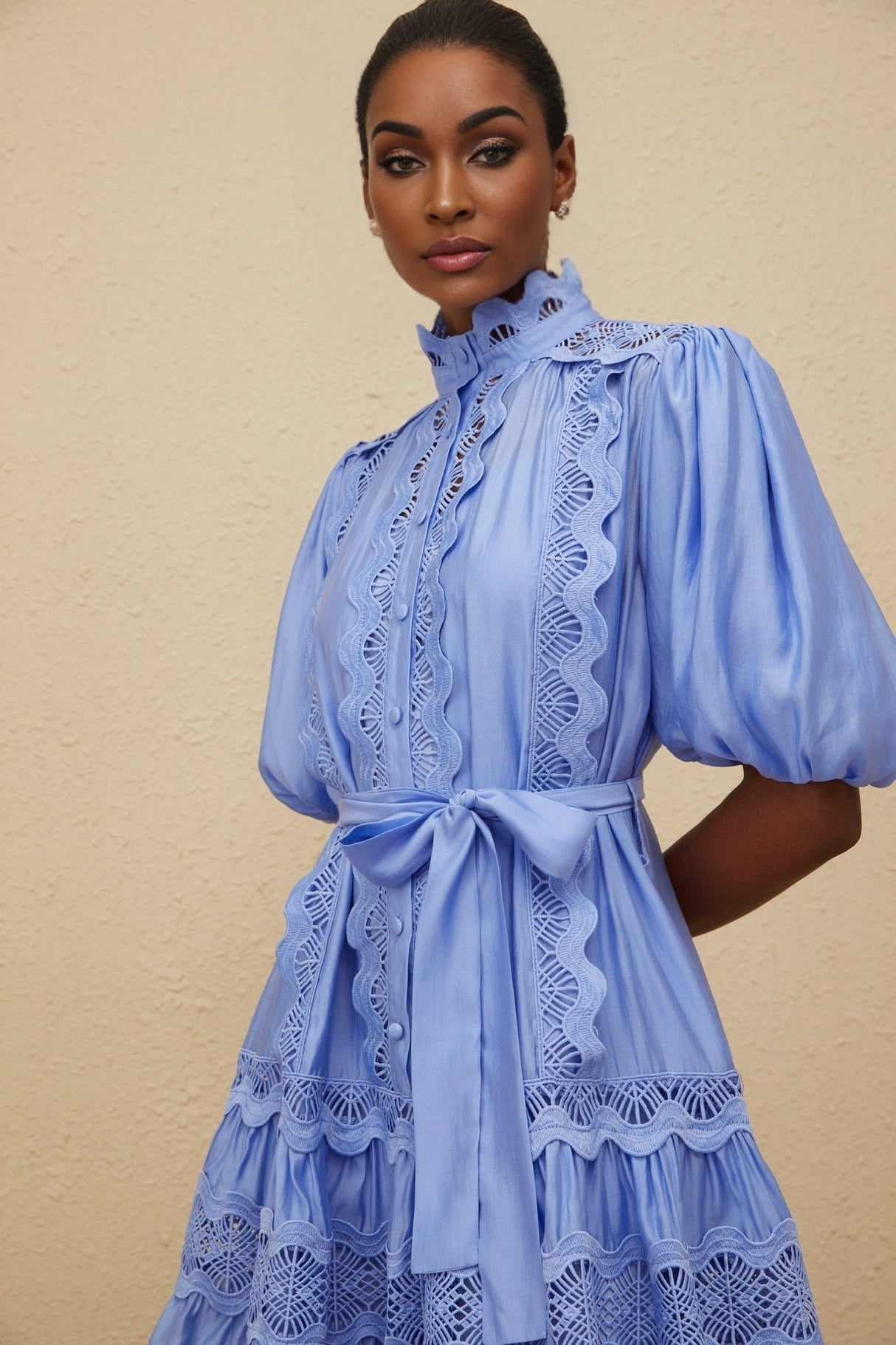Barbara Mini Dress - Short Puff Sleeves - Cut - Out Detailing - Tied Waist - Tiered Design - Embroidered Motif