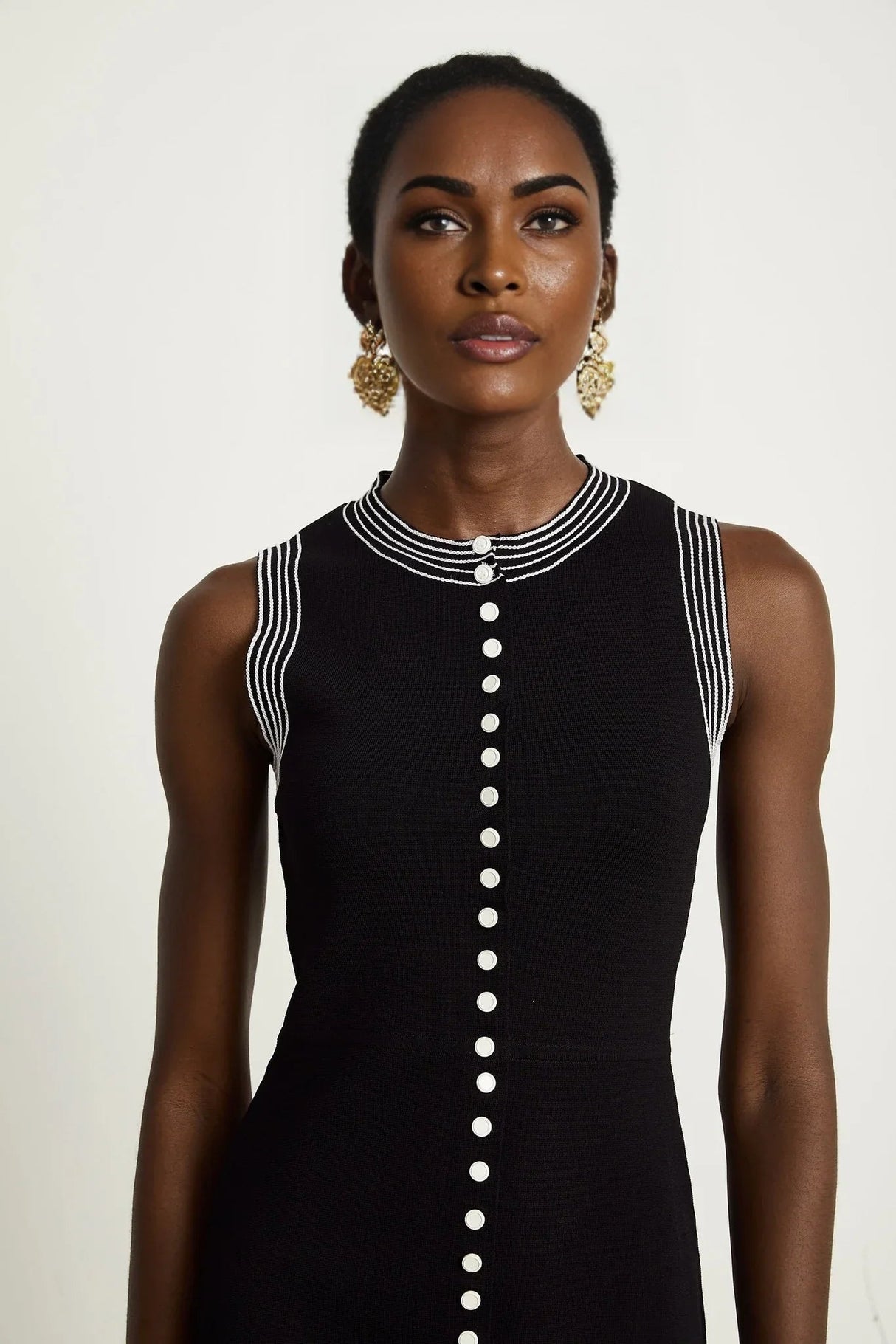 Barbara Mini Dress - Sleeveless Round Neck Fitted Waistline Press - Stud Fastening