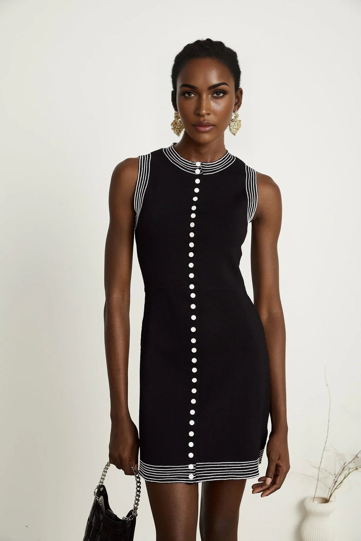 Barbara Mini Dress - Sleeveless Round Neck Fitted Waistline Press - Stud Fastening