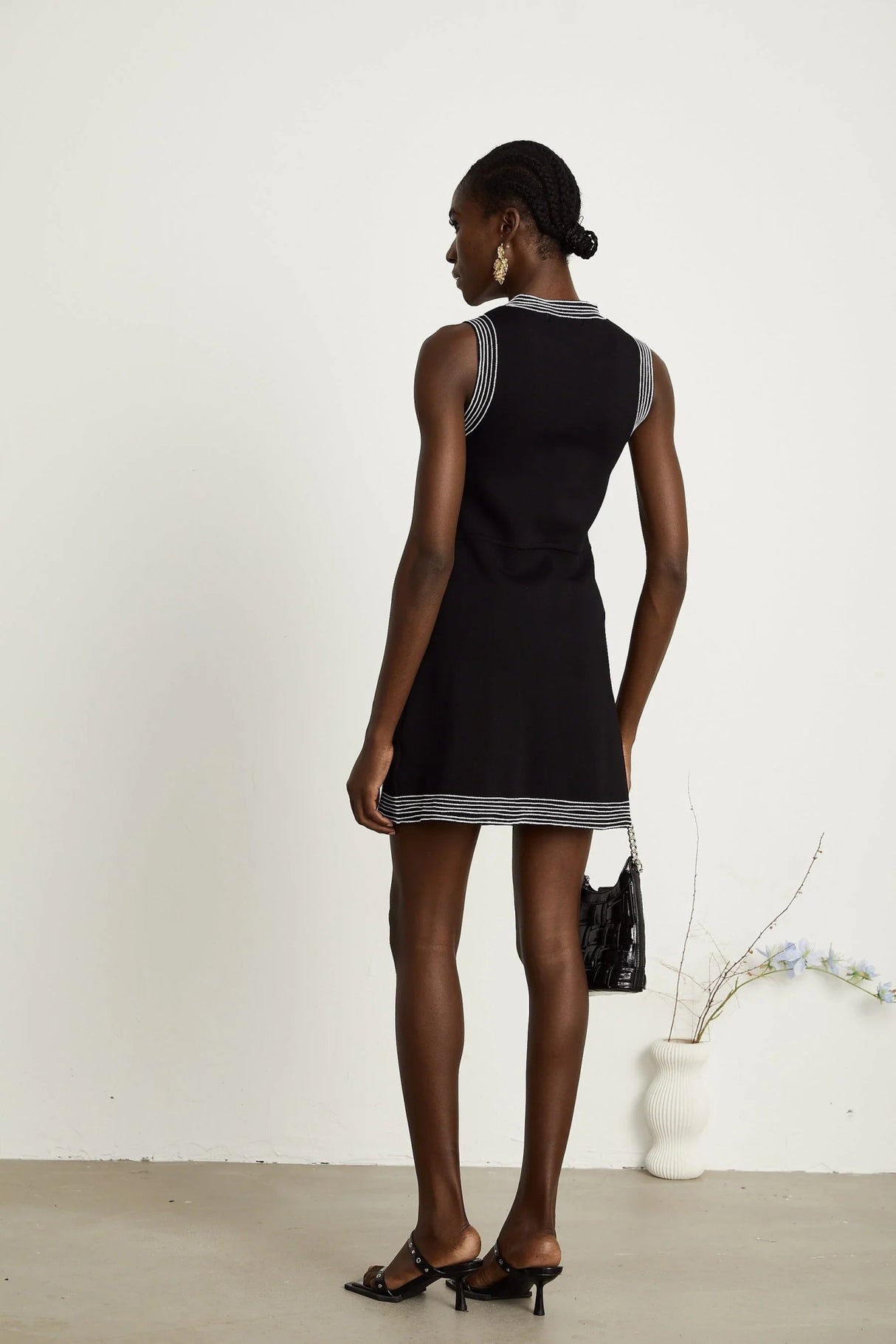 Barbara Mini Dress - Sleeveless Round Neck Fitted Waistline Press - Stud Fastening