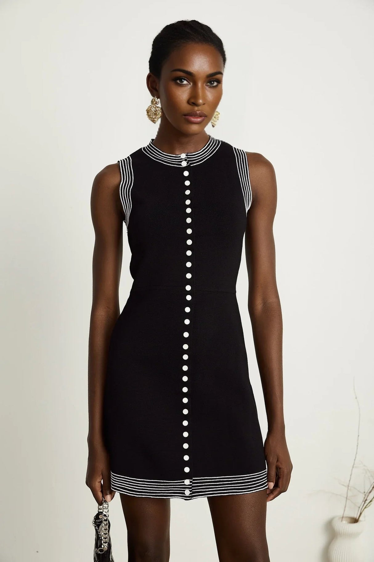 Barbara Mini Dress - Sleeveless Round Neck Fitted Waistline Press - Stud Fastening