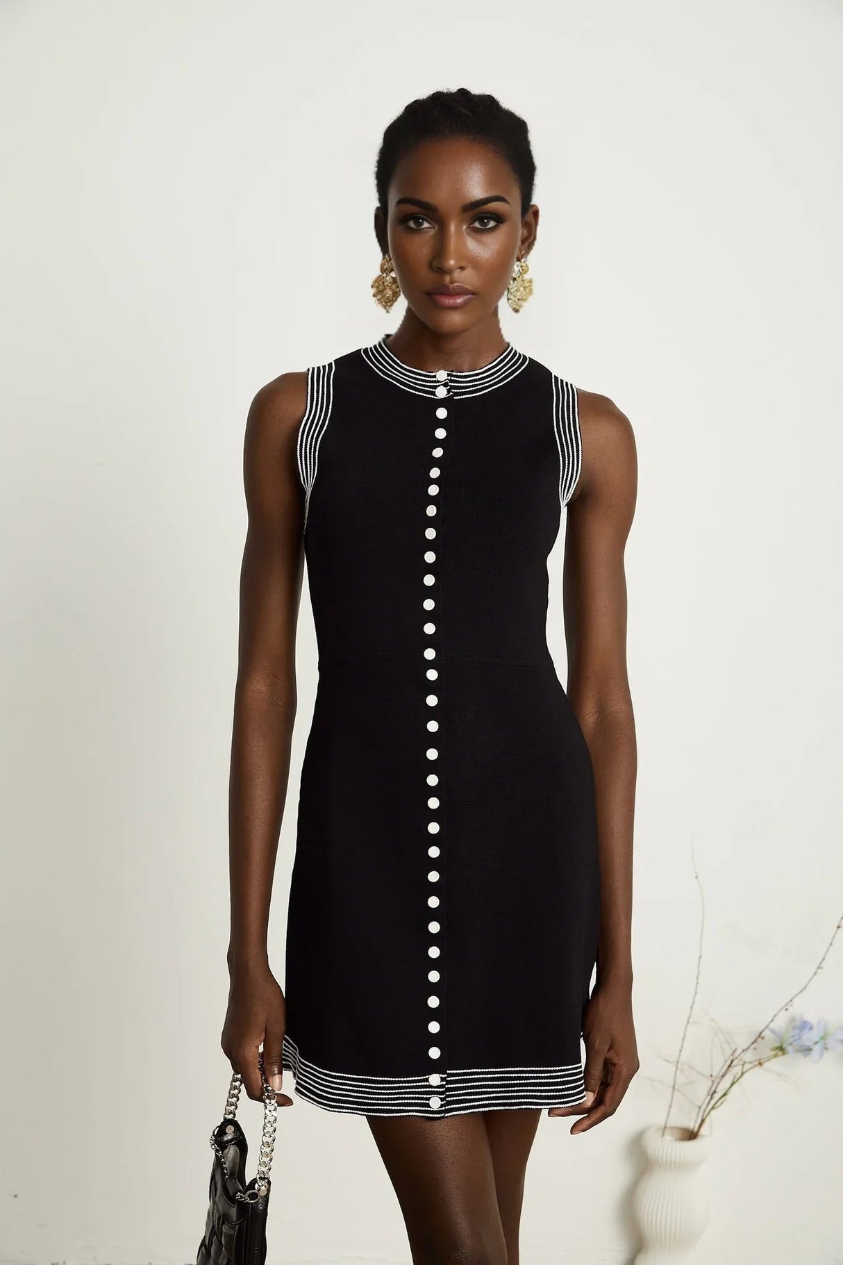 Barbara Mini Dress - Sleeveless Round Neck Fitted Waistline Press - Stud Fastening