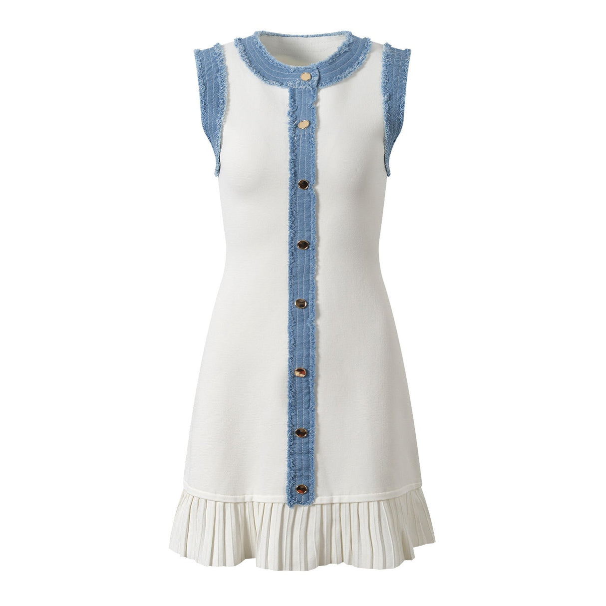 Beata Denim Dress - Fitted Bodice - Flared Hem - Sleeveless Silhouette - Tailored Waist - Pleated Hem