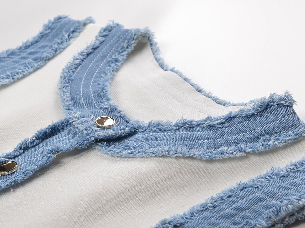 Beata Denim Dress - Fitted Bodice - Flared Hem - Sleeveless Silhouette - Tailored Waist - Pleated Hem