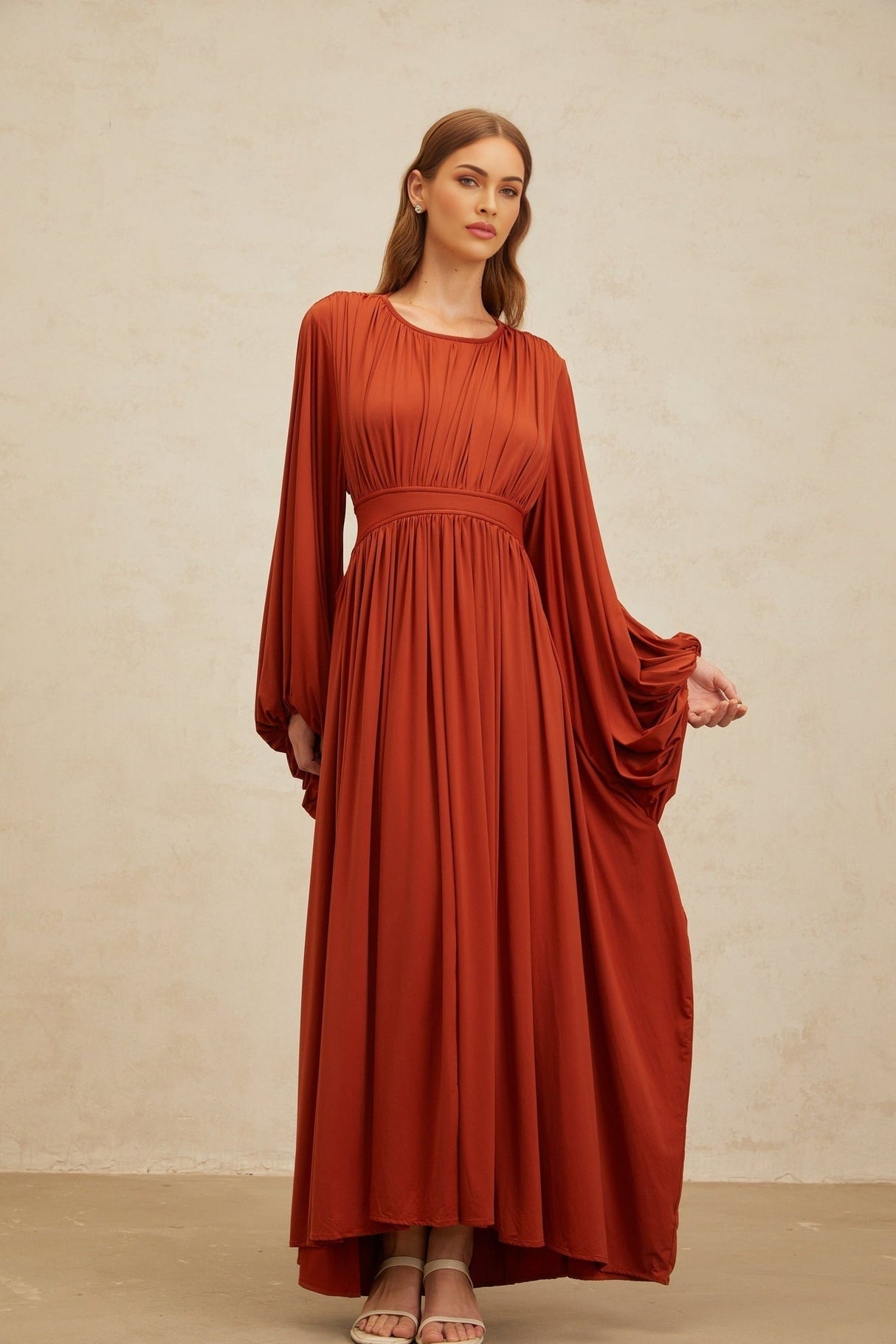 Beatrice Maxi Dress - Vibrant Orange - Puff Sleeves - Pleated Detailing