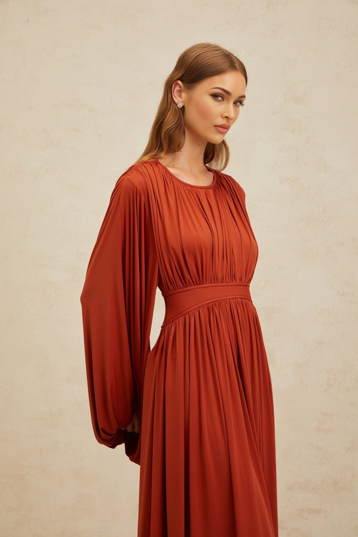 Beatrice Maxi Dress - Vibrant Orange - Puff Sleeves - Pleated Detailing