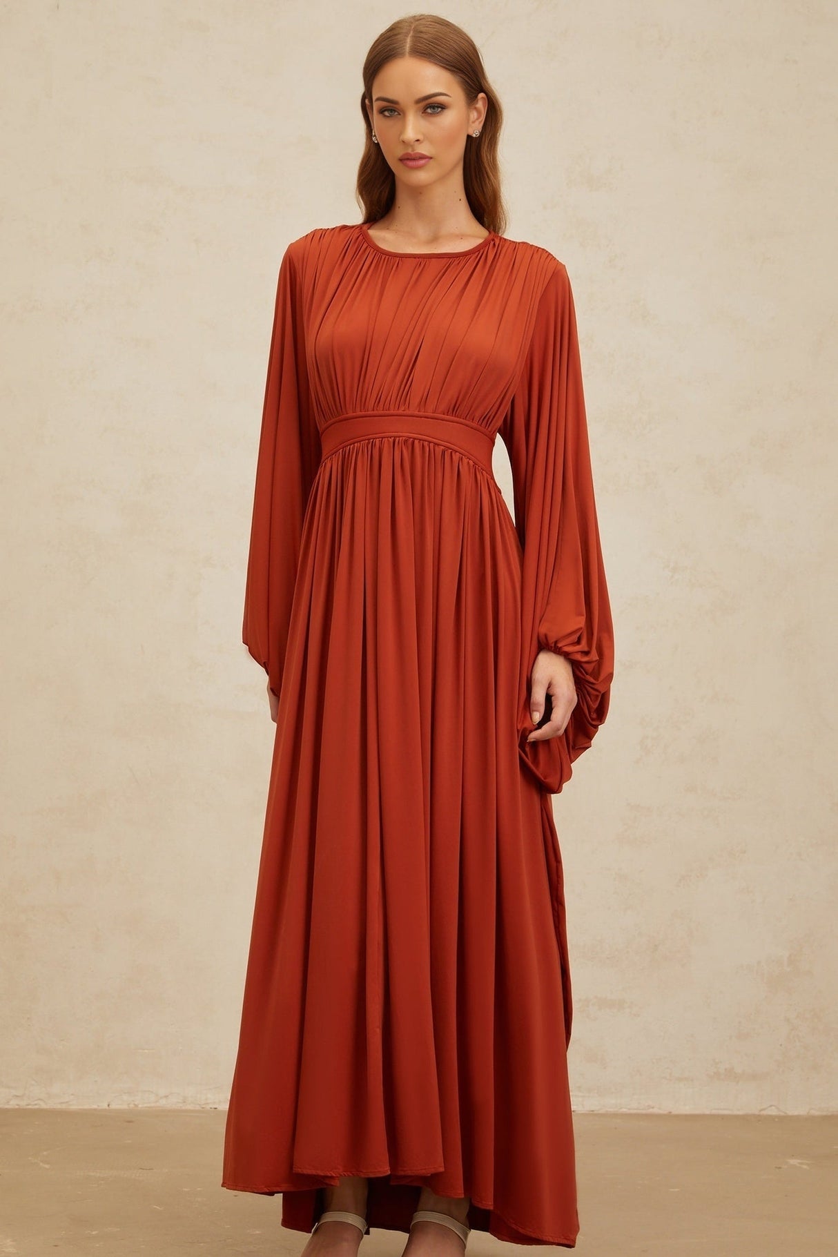 Beatrice Maxi Dress - Vibrant Orange - Puff Sleeves - Pleated Detailing