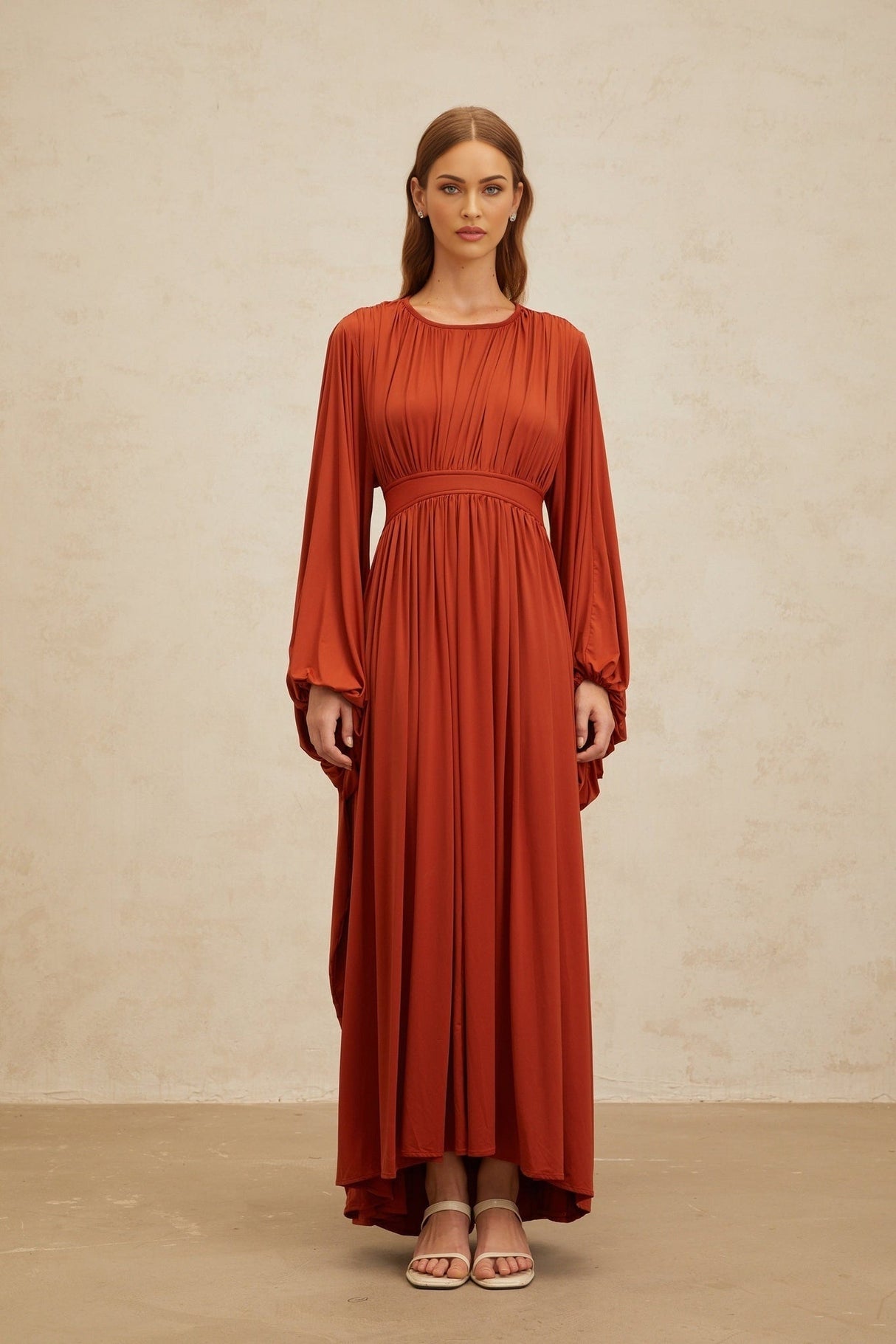 Beatrice Maxi Dress - Vibrant Orange - Puff Sleeves - Pleated Detailing