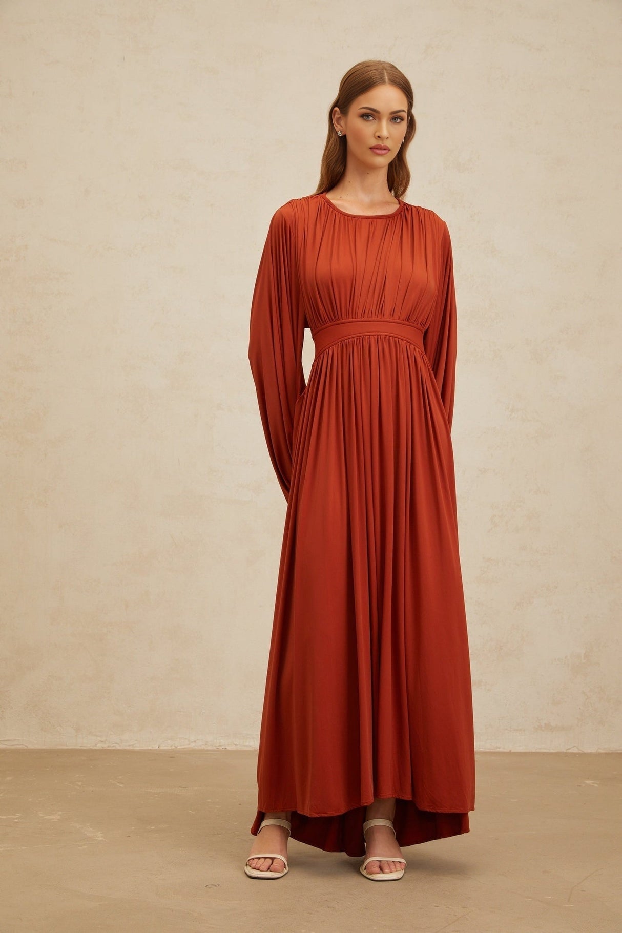 Beatrice Maxi Dress - Vibrant Orange - Puff Sleeves - Pleated Detailing