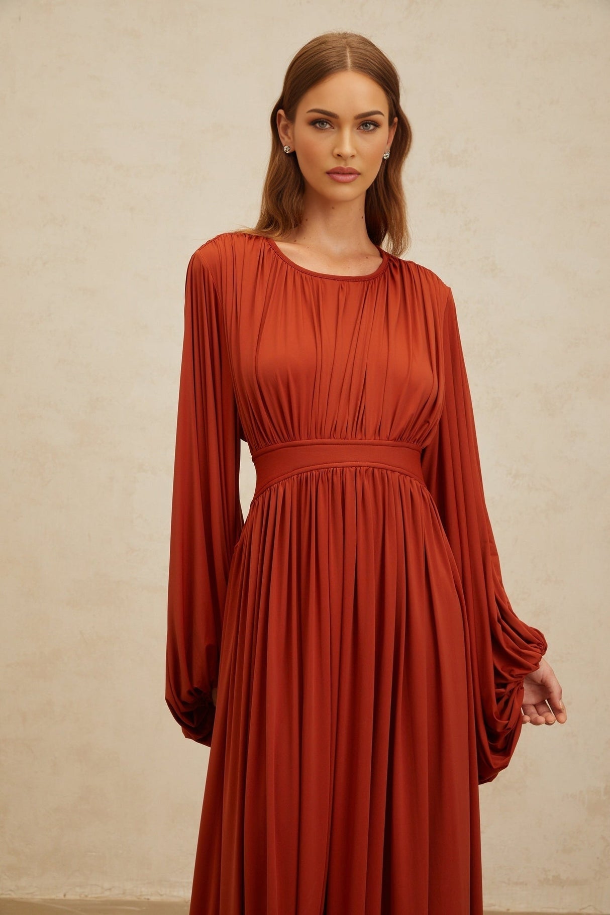 Beatrice Maxi Dress - Vibrant Orange - Puff Sleeves - Pleated Detailing