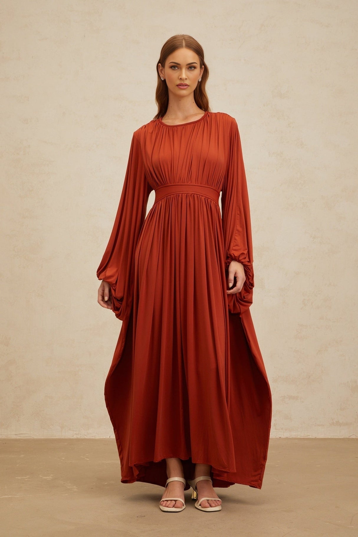 Beatrice Maxi Dress - Vibrant Orange - Puff Sleeves - Pleated Detailing