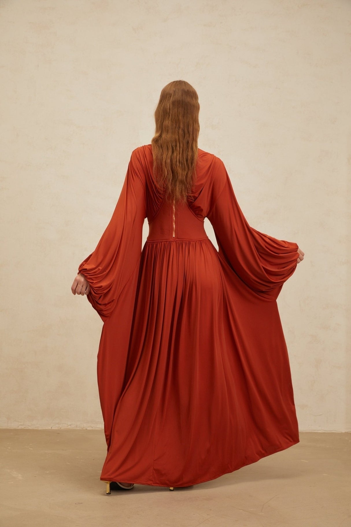 Beatrice Maxi Dress - Vibrant Orange - Puff Sleeves - Pleated Detailing