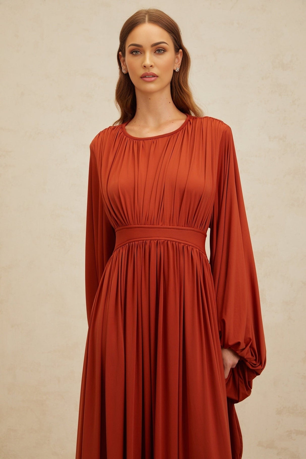 Beatrice Maxi Dress - Vibrant Orange - Puff Sleeves - Pleated Detailing