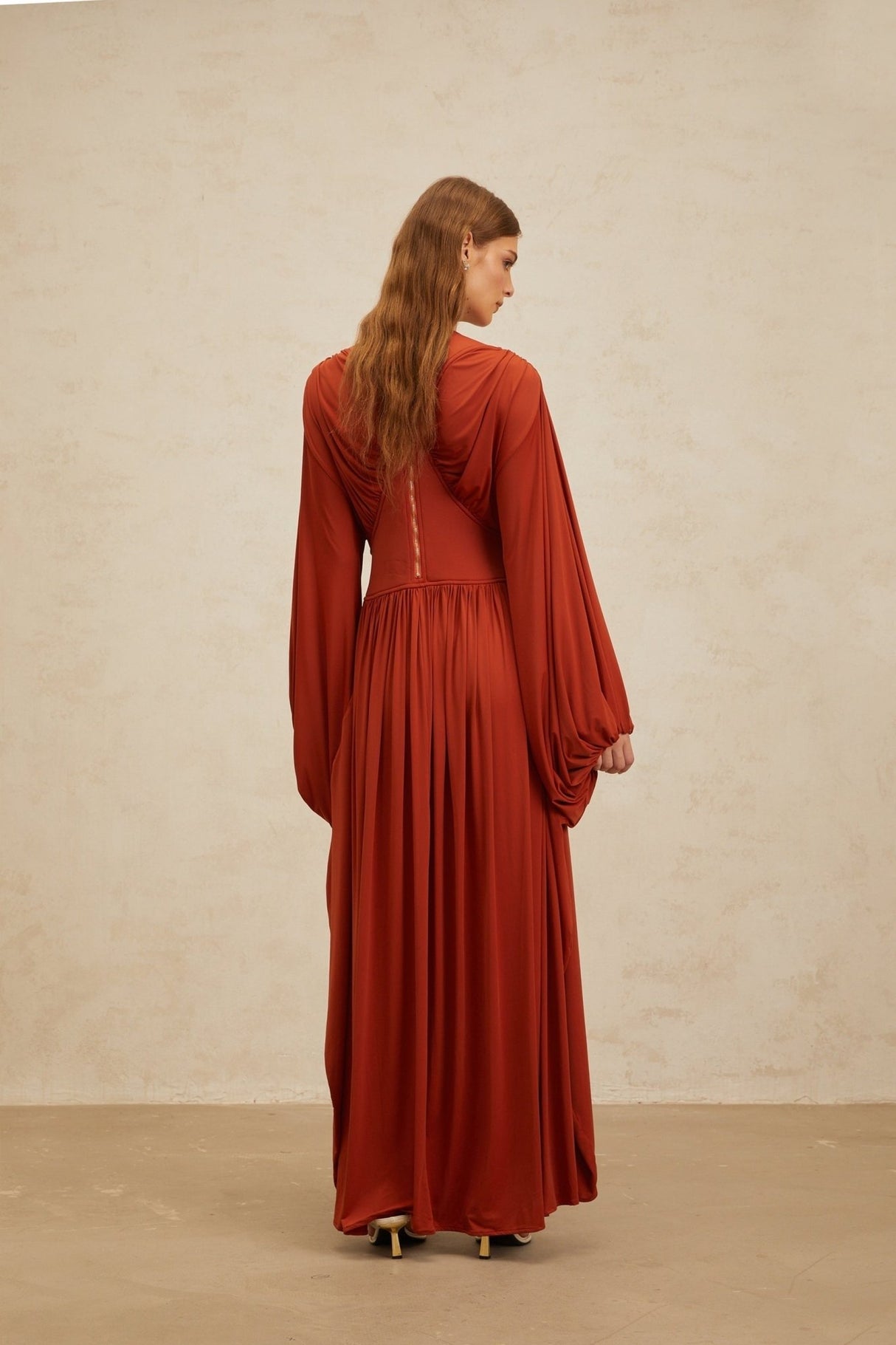 Beatrice Maxi Dress - Vibrant Orange - Puff Sleeves - Pleated Detailing