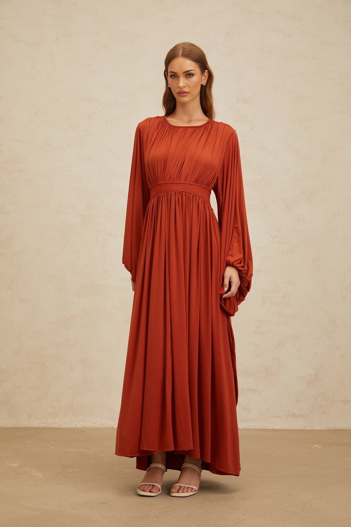 Beatrice Maxi Dress - Vibrant Orange - Puff Sleeves - Pleated Detailing
