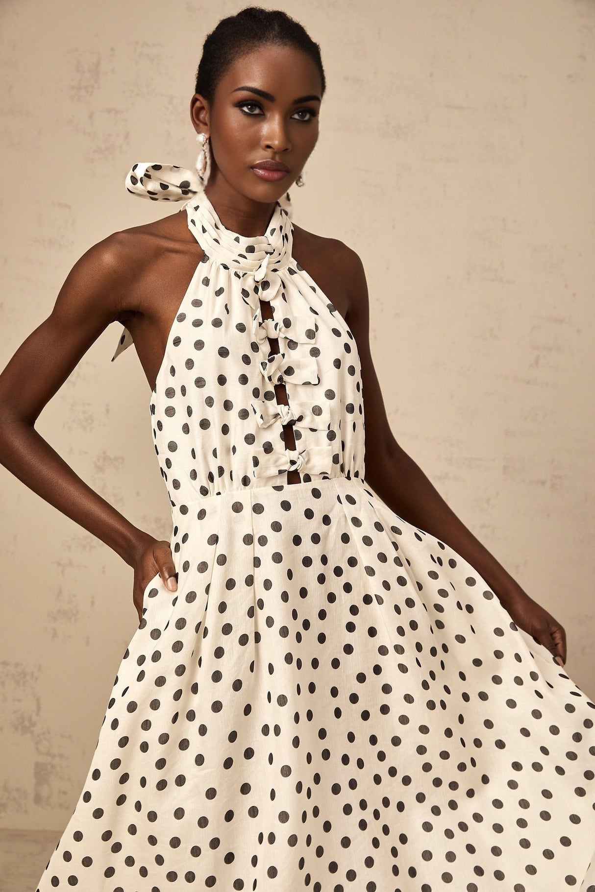 Beatrice Midi Dress - Halterneck Design - Sleeveless Silhouette - Cinched Waist - Polka Dot Pattern