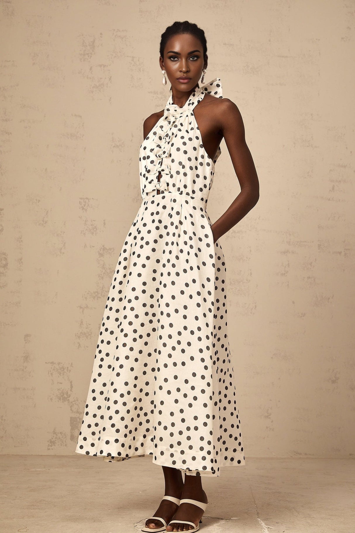 Beatrice Midi Dress - Halterneck Design - Sleeveless Silhouette - Cinched Waist - Polka Dot Pattern