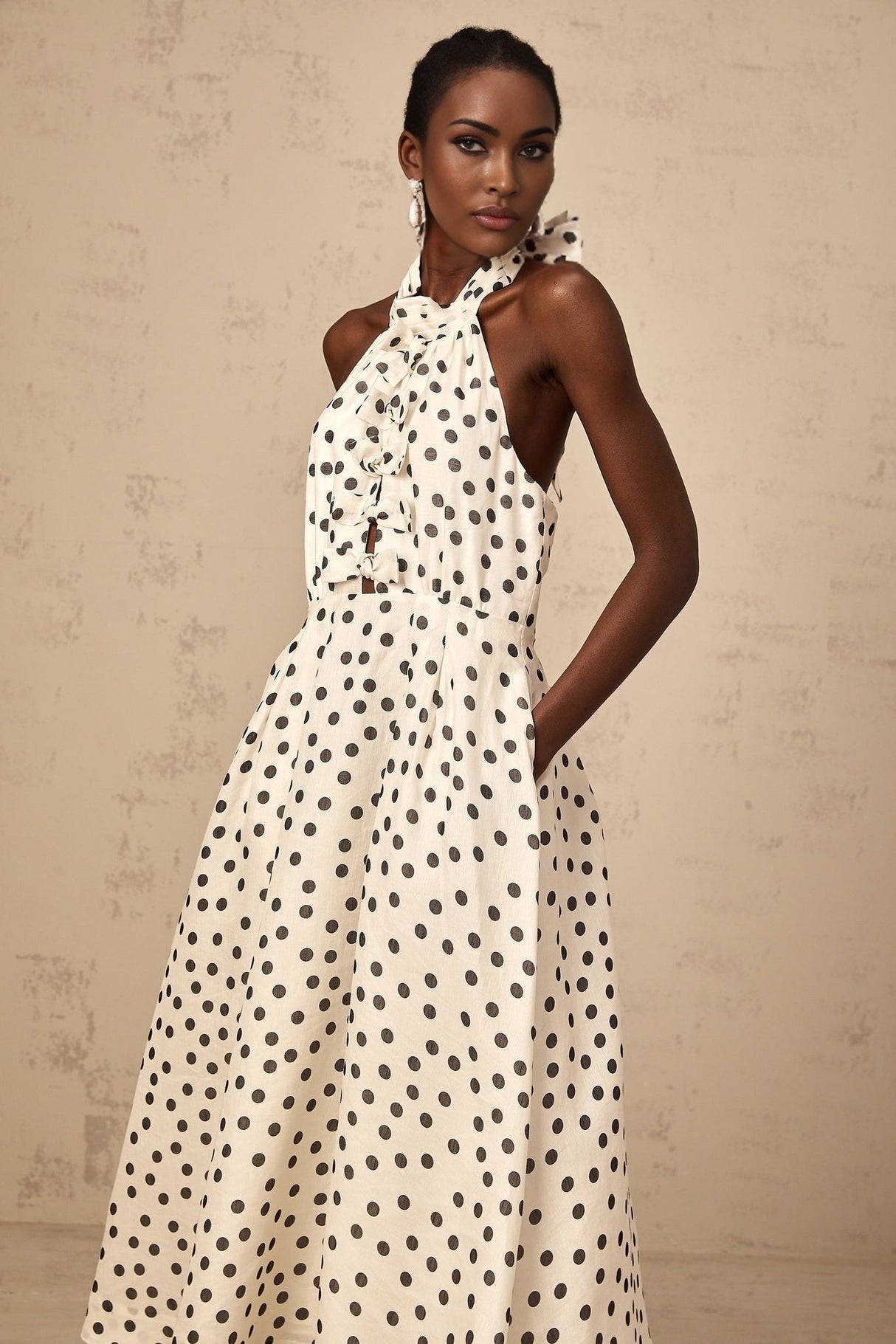 Beatrice Midi Dress - Halterneck Design - Sleeveless Silhouette - Cinched Waist - Polka Dot Pattern