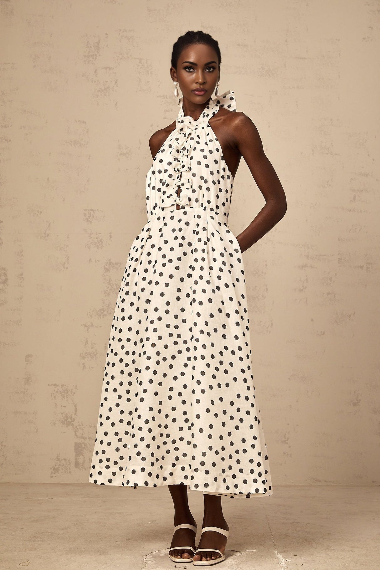 Beatrice Midi Dress - Halterneck Design - Sleeveless Silhouette - Cinched Waist - Polka Dot Pattern