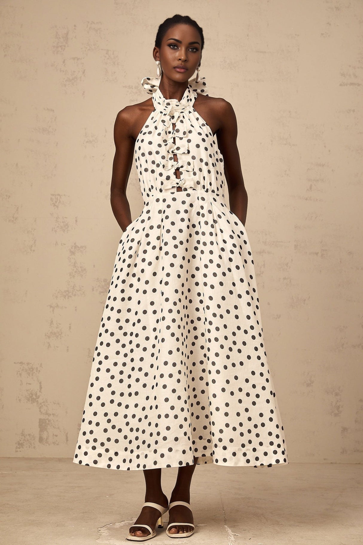 Beatrice Midi Dress - Halterneck Design - Sleeveless Silhouette - Cinched Waist - Polka Dot Pattern