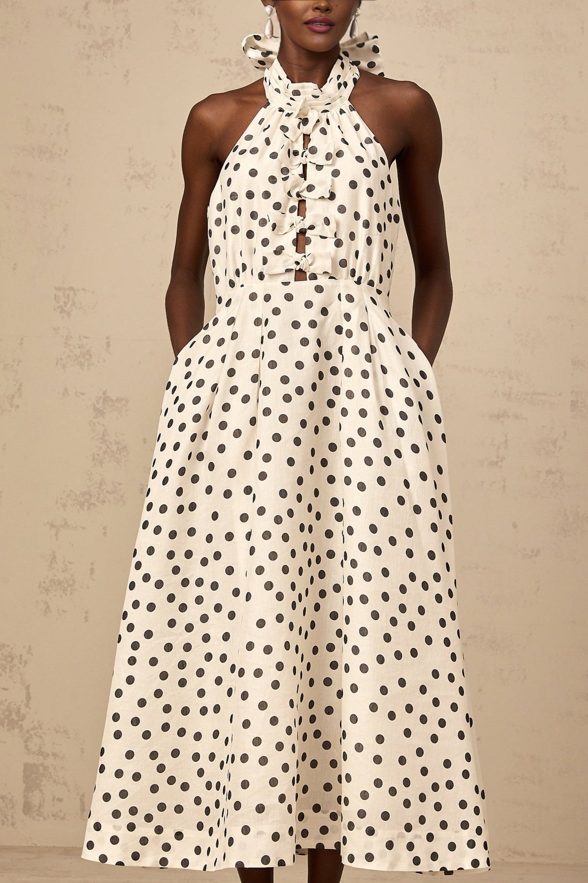 Beatrice Midi Dress - Halterneck Design - Sleeveless Silhouette - Cinched Waist - Polka Dot Pattern