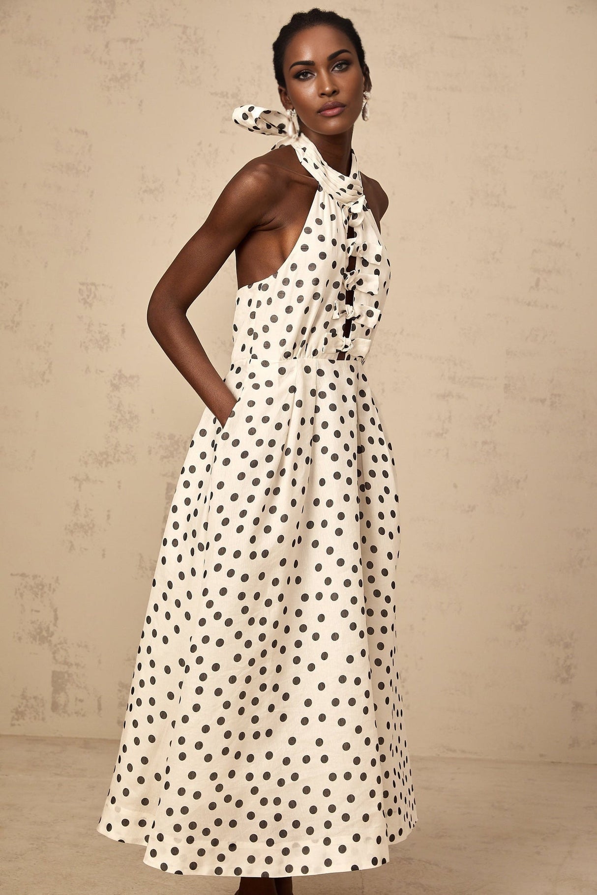 Beatrice Midi Dress - Halterneck Design - Sleeveless Silhouette - Cinched Waist - Polka Dot Pattern