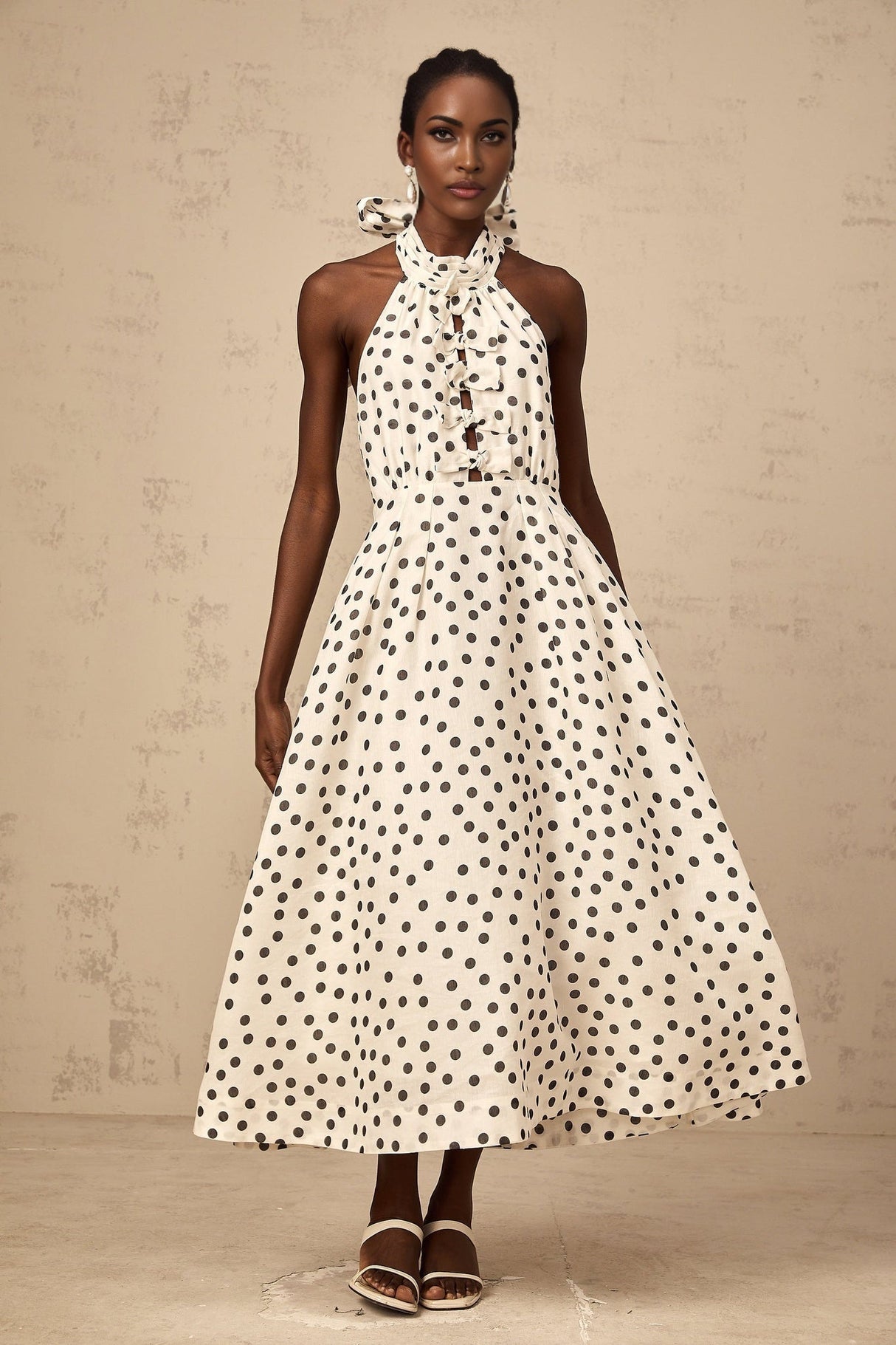Beatrice Midi Dress - Halterneck Design - Sleeveless Silhouette - Cinched Waist - Polka Dot Pattern