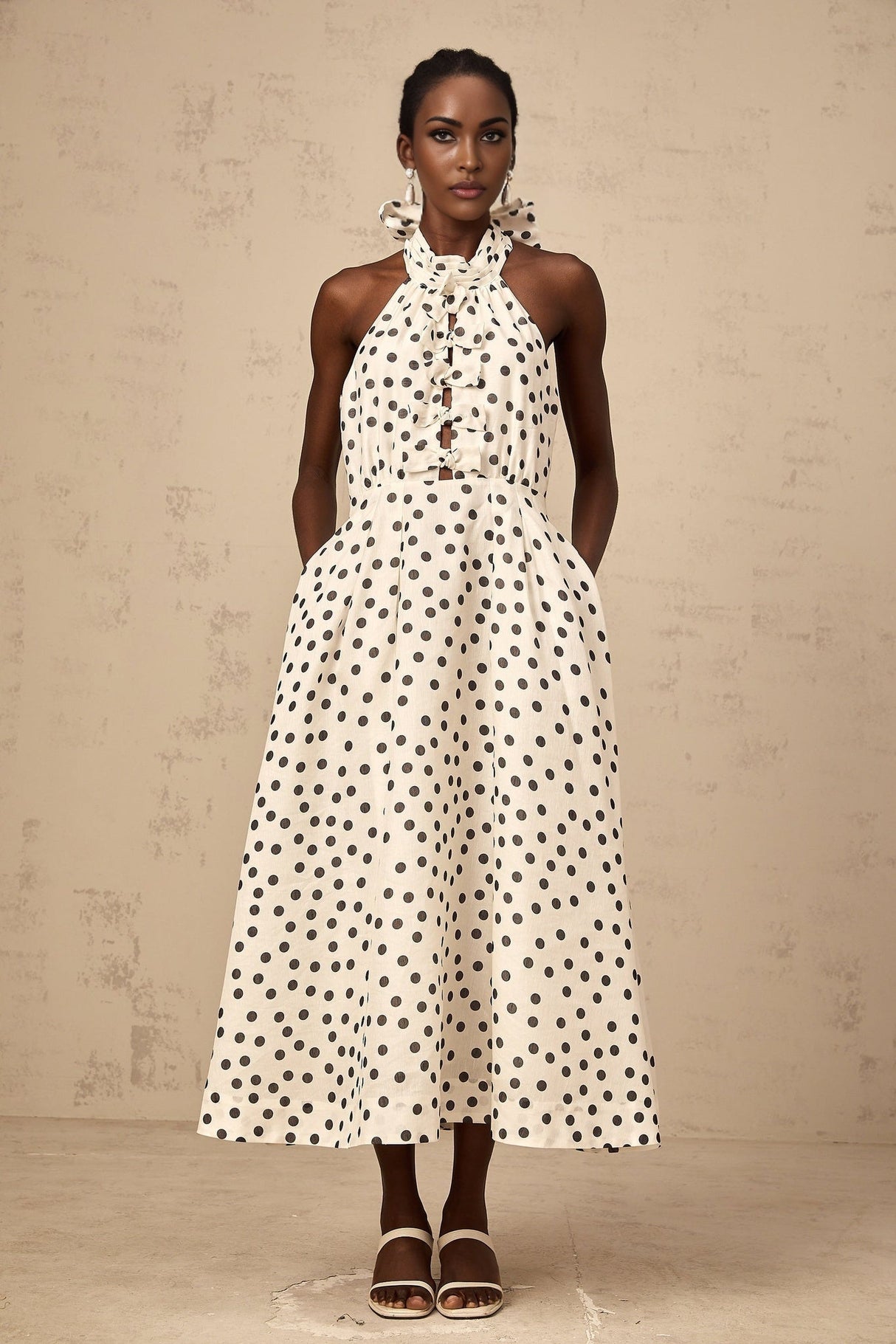 Beatrice Midi Dress - Halterneck Design - Sleeveless Silhouette - Cinched Waist - Polka Dot Pattern