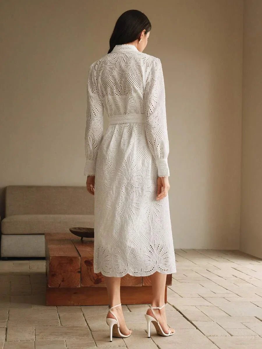Beatrice Midi Dress - Stand Collar - Puff Sleeve - High Waist - Elegant Style