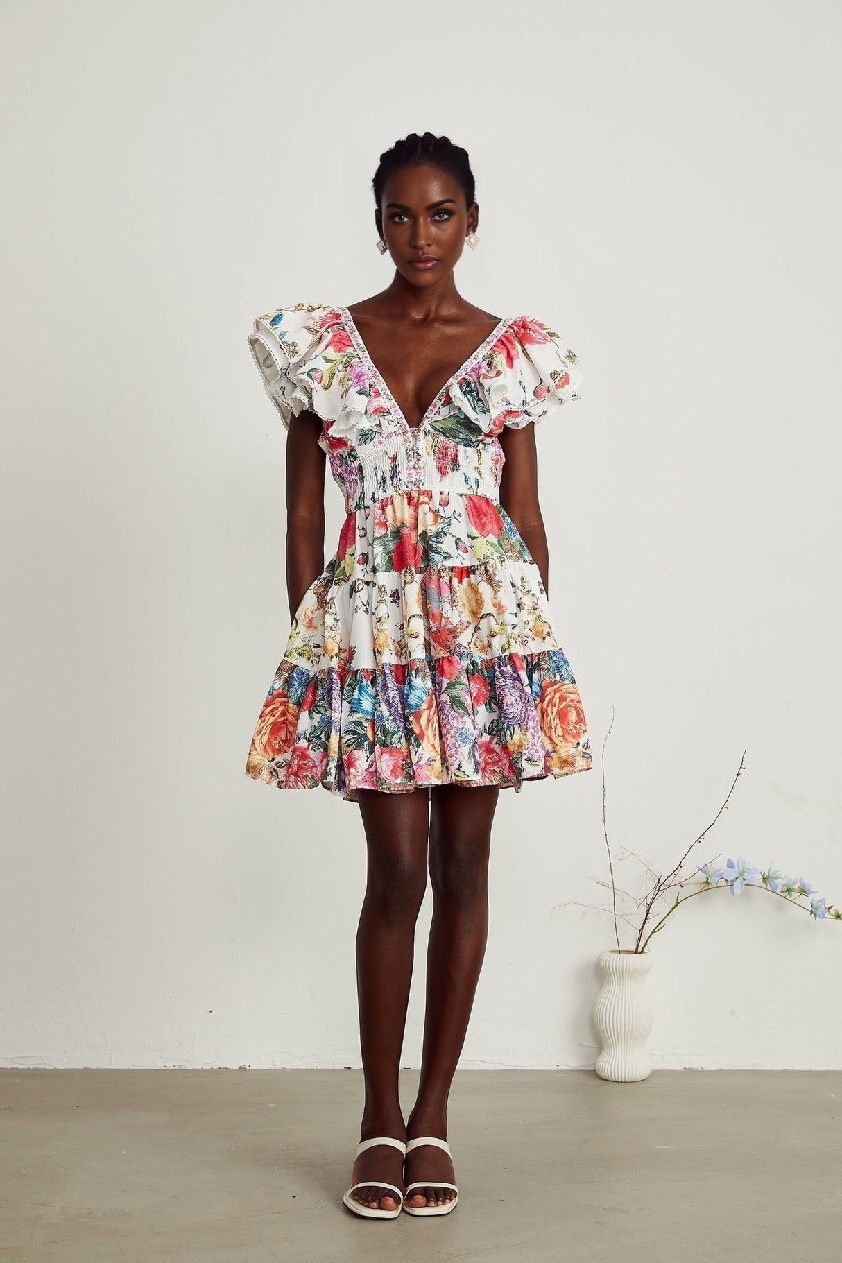 Beatrice Mini Dress - V - neck - Sleeveless - Ruffled and Pleat Detailing - Crystal Embellishment