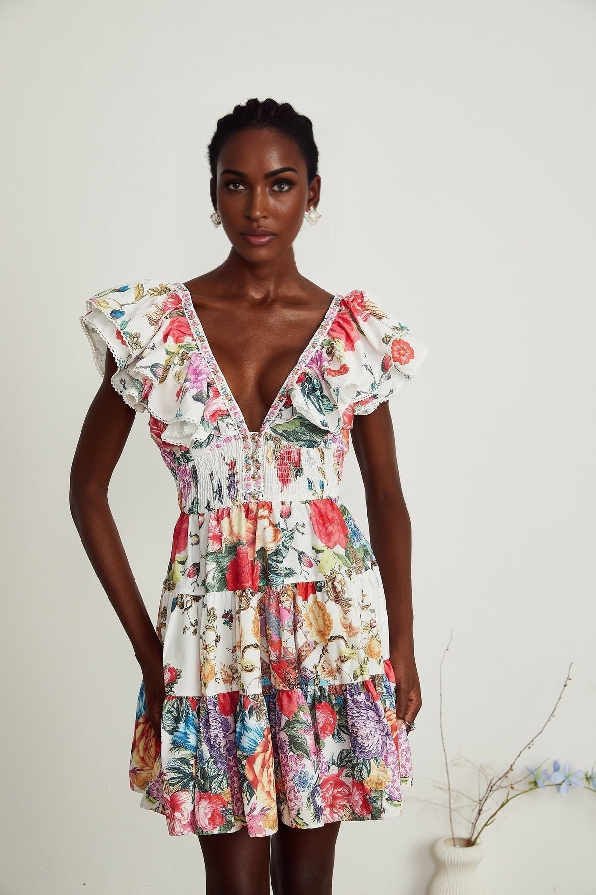 Beatrice Mini Dress - V - neck - Sleeveless - Ruffled and Pleat Detailing - Crystal Embellishment