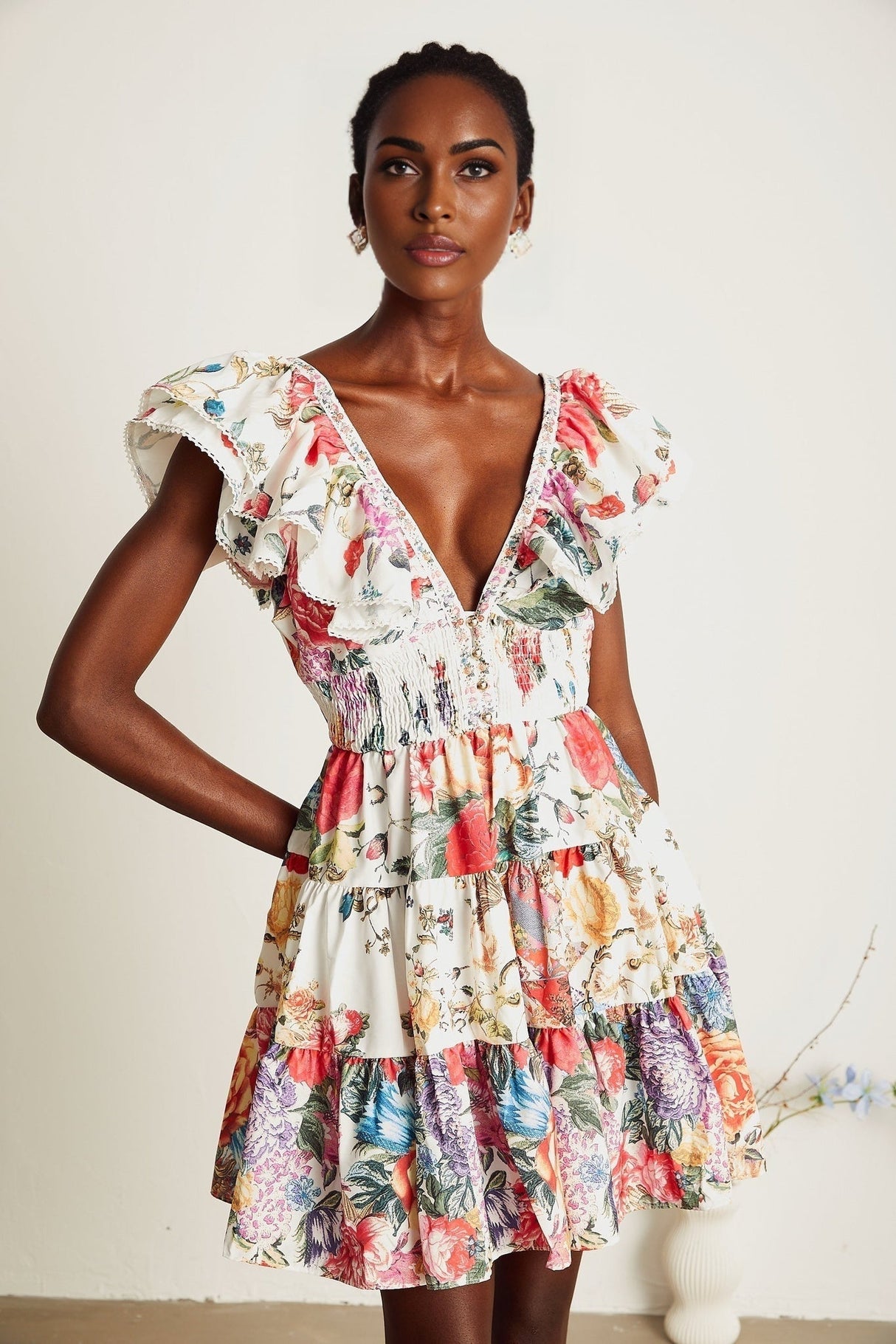 Beatrice Mini Dress - V - neck - Sleeveless - Ruffled and Pleat Detailing - Crystal Embellishment