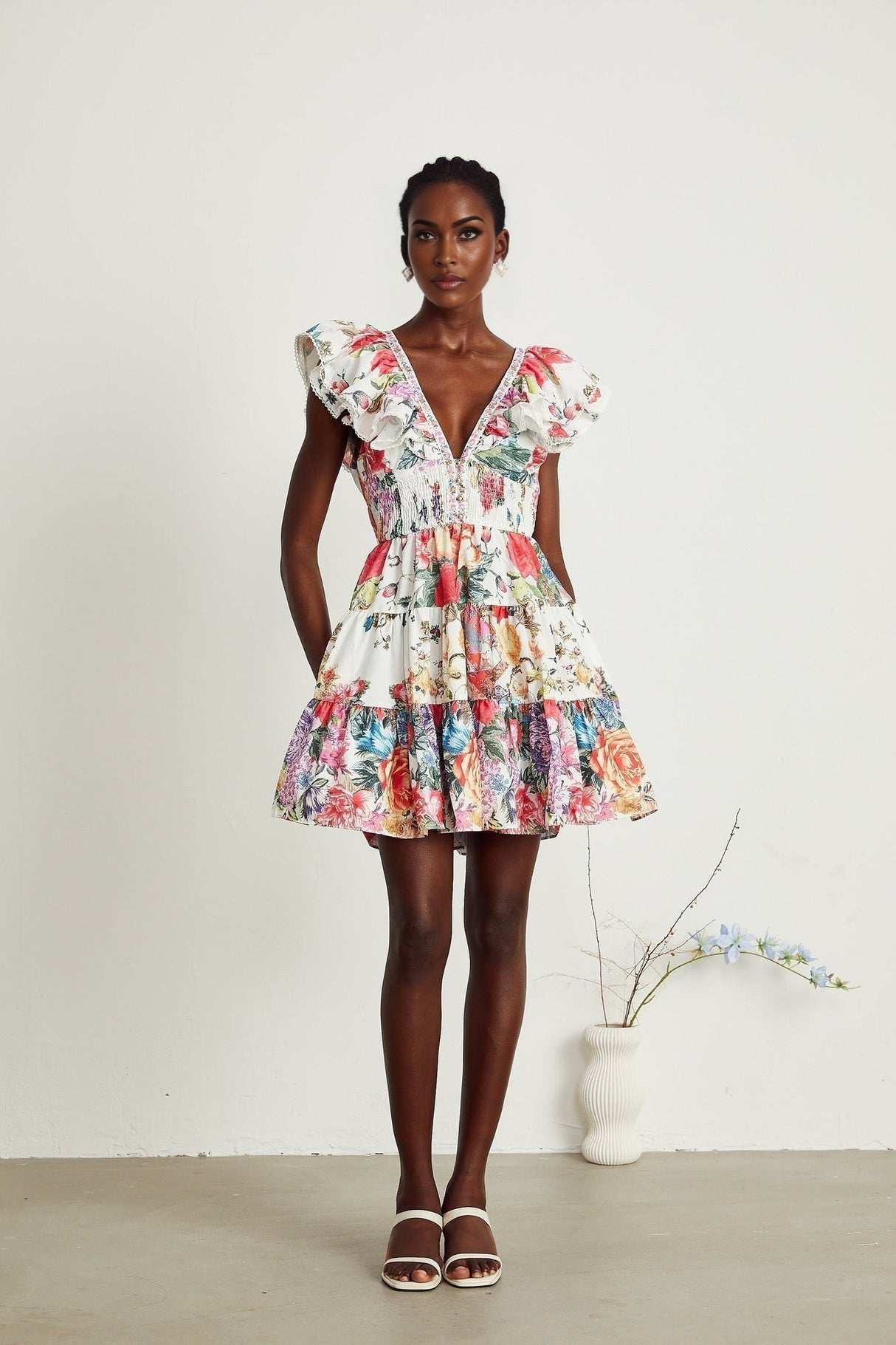 Beatrice Mini Dress - V - neck - Sleeveless - Ruffled and Pleat Detailing - Crystal Embellishment