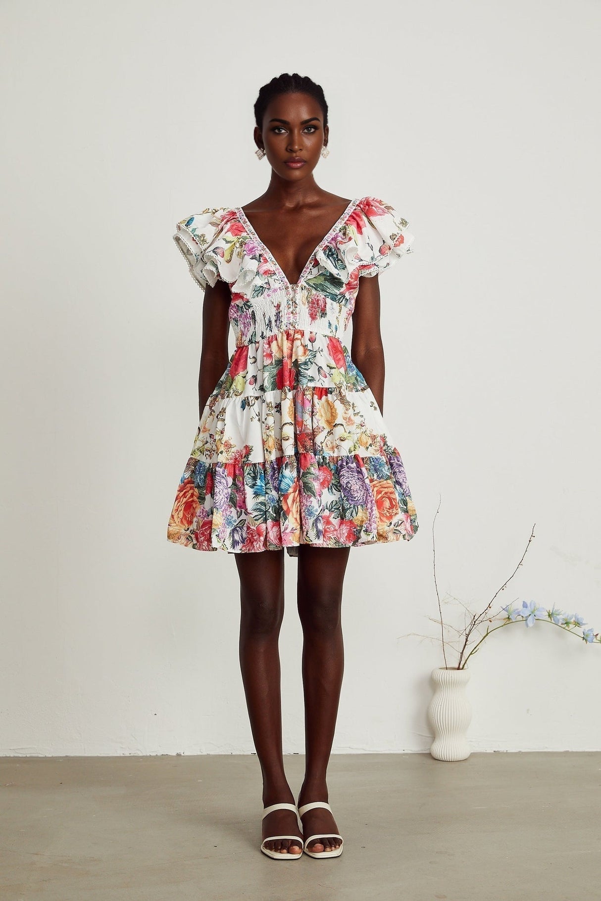 Beatrice Mini Dress - V - neck - Sleeveless - Ruffled and Pleat Detailing - Crystal Embellishment