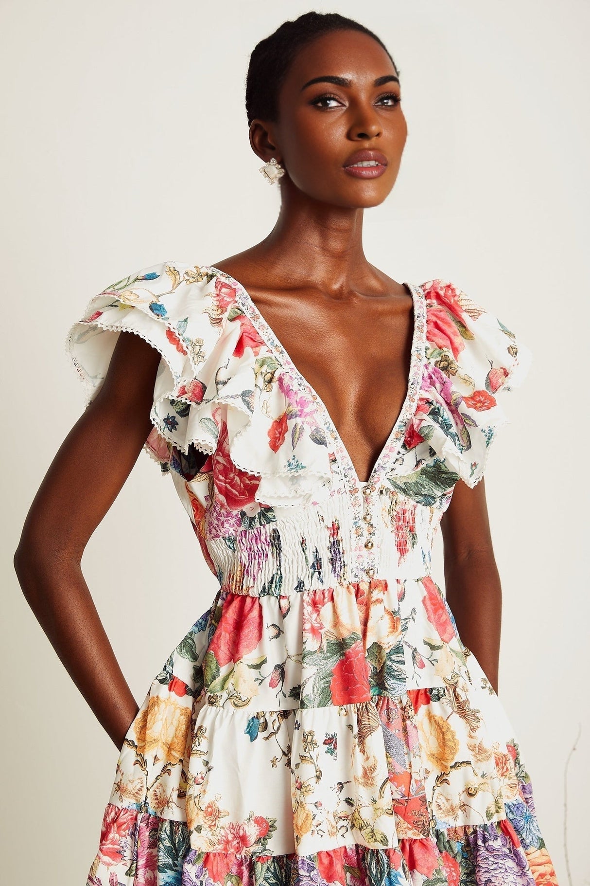 Beatrice Mini Dress - V - neck - Sleeveless - Ruffled and Pleat Detailing - Crystal Embellishment