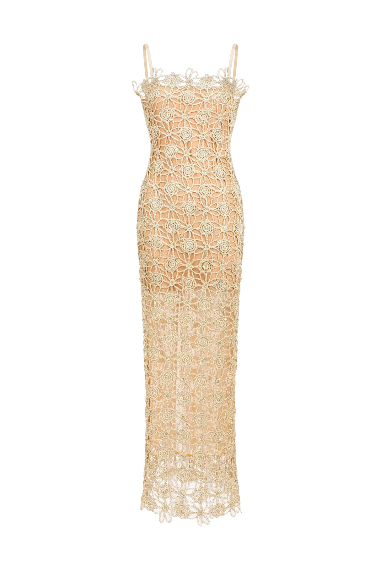 Beige Lelia Sleeveless Hollow Out Slit Midi Dress with Floral Detailing