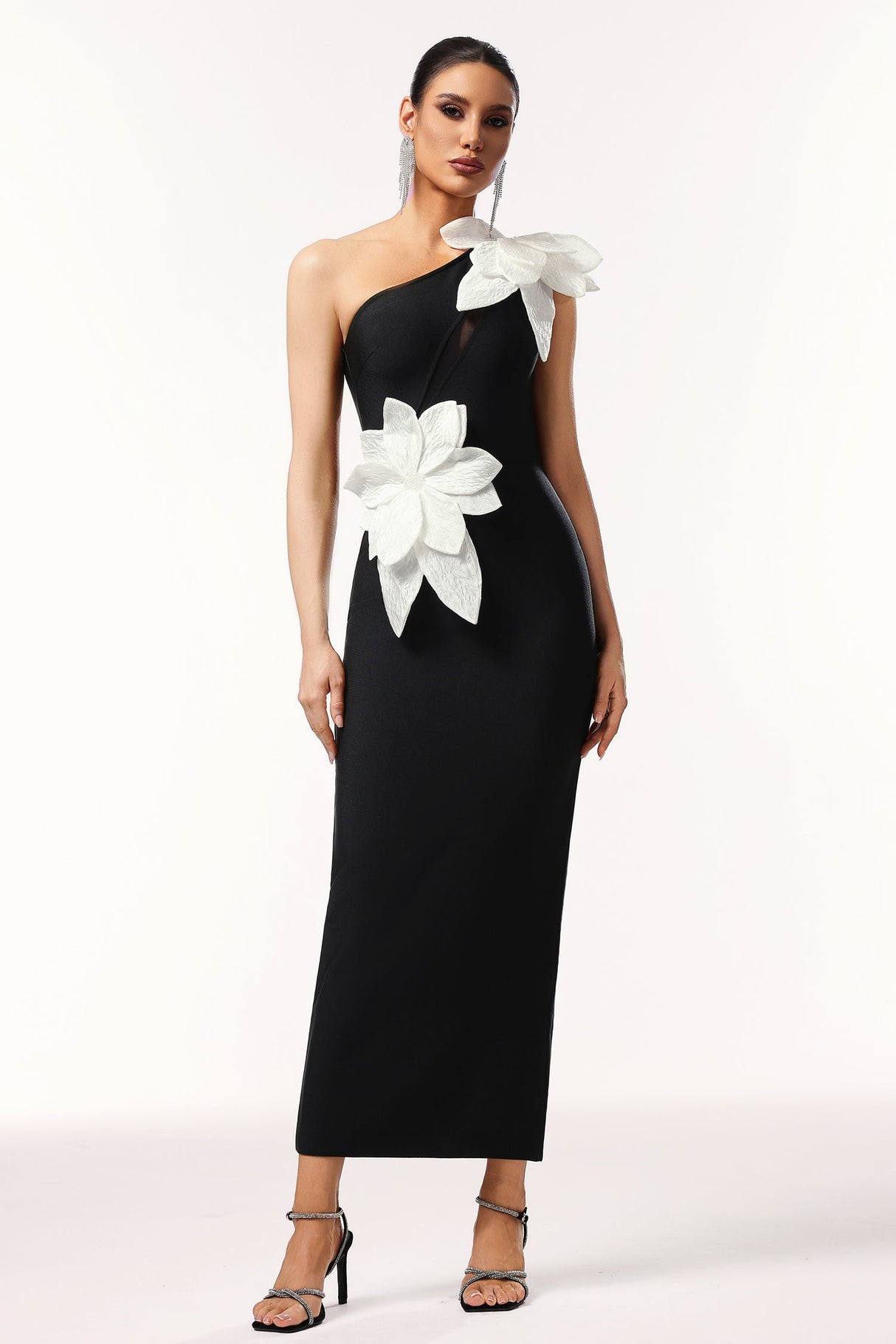 Bella Black One-Shoulder Floral Maxi Dress