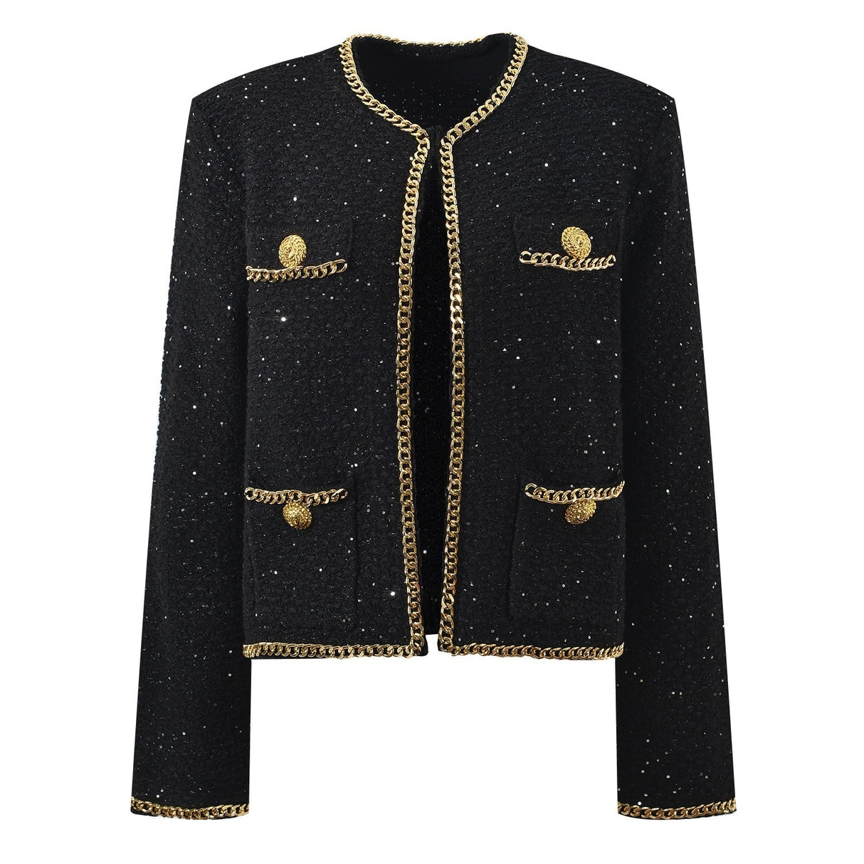 Bella Cropped Boxy Jacket - Sparkling Accents with Gold Chain Trim & Embellished Buttons